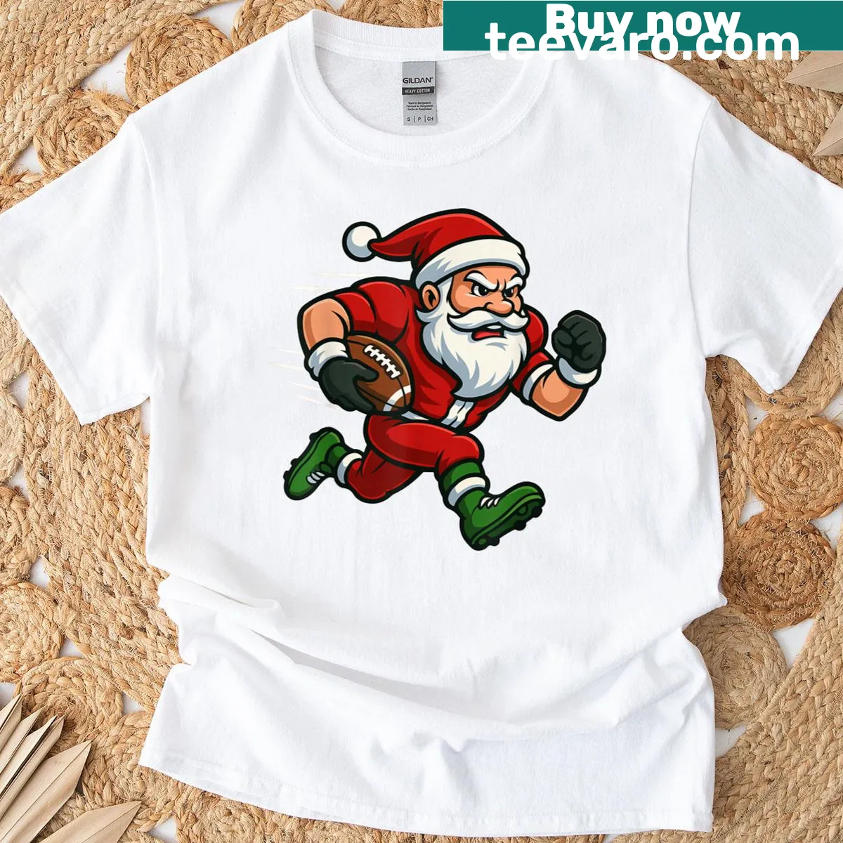Funny Christmas Santa T-shirt with football design — on a men's t-shirt
