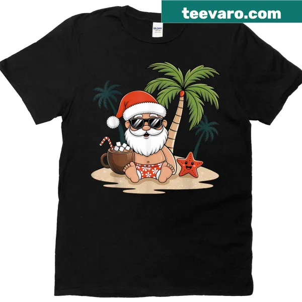 Tropical Christmas t-shirt featuring Santa and palm trees
