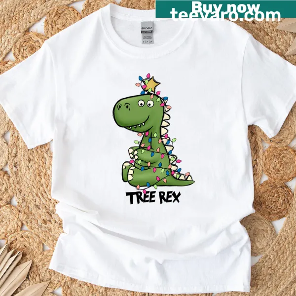 Funny Christmas T-Rex design T-shirt with dinosaur and tree theme