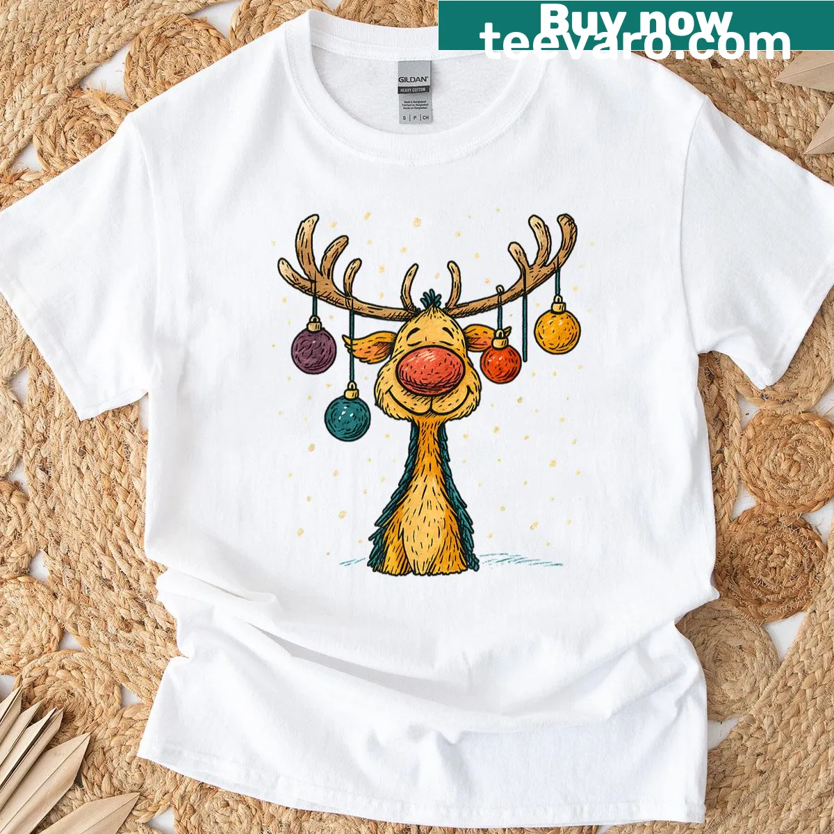 Cute reindeer design with ornaments on a Christmas T-shirt — on a men's t-shirt