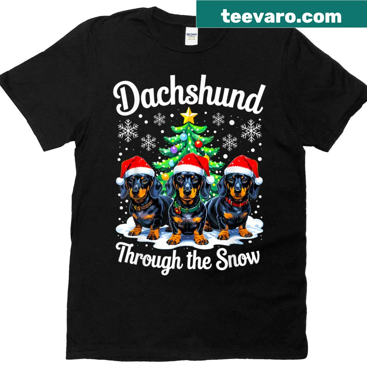 Dachshund running through snow with Christmas lights illustration — on a men's t-shirt