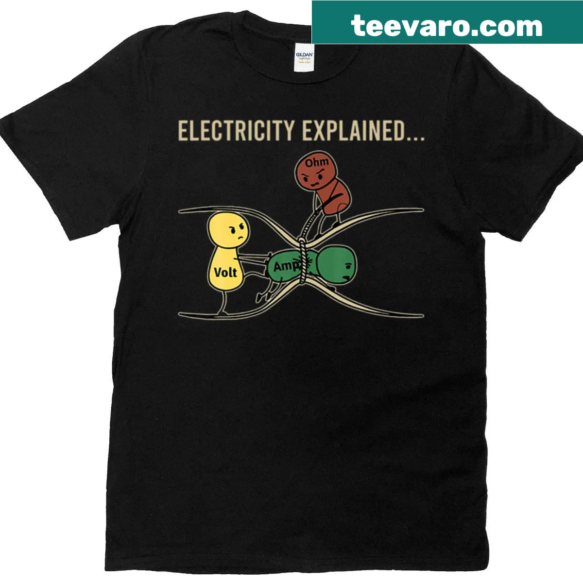 Humorous typography t-shirt explaining electricity — on a men's t-shirt