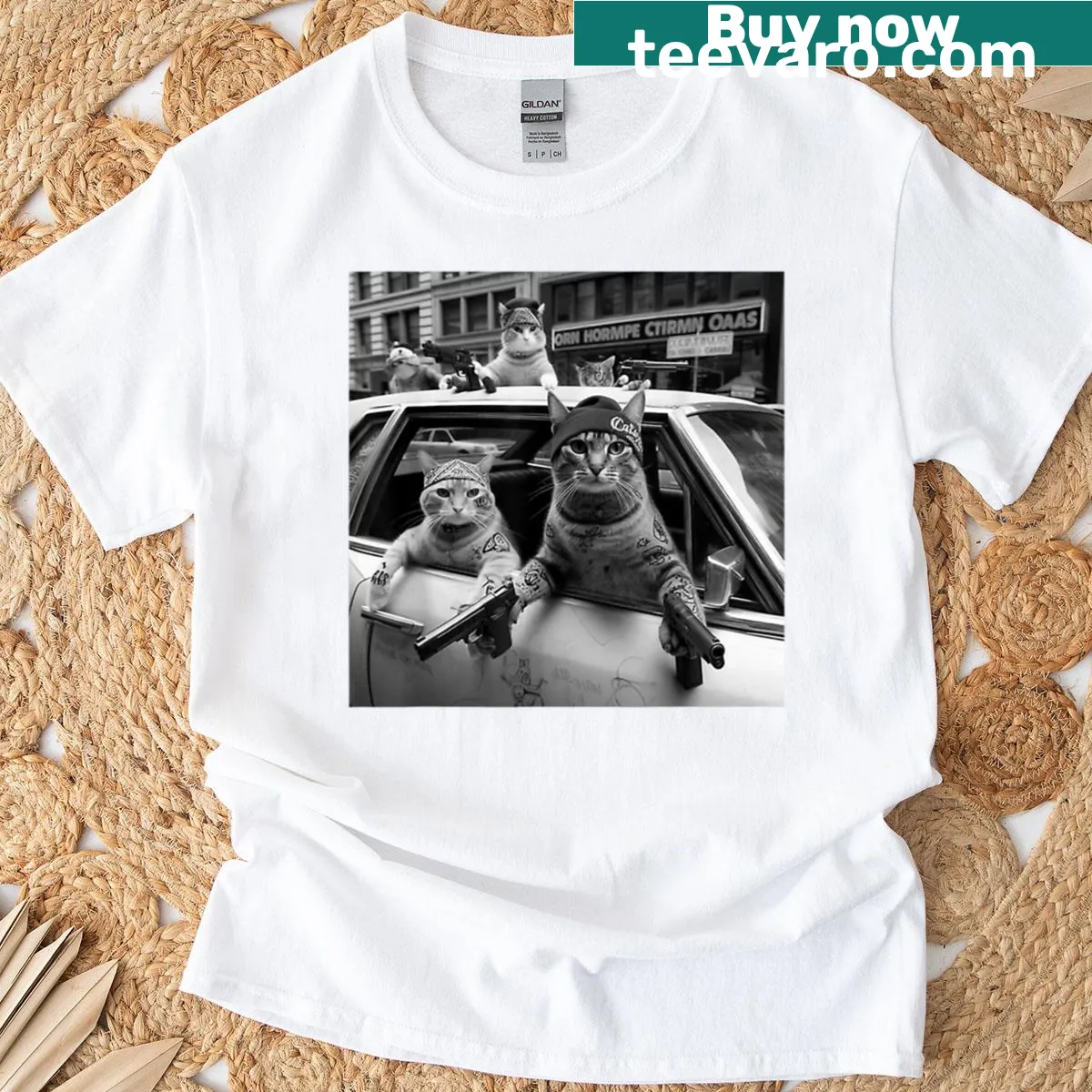 Cartoon gangster cats illustration on a humorous T-shirt — on a men's t-shirt