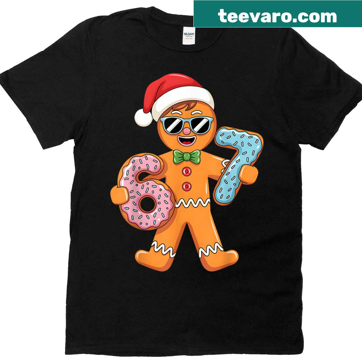 Gingerbread character with number 67 on kids Christmas T-shirt — on a men's t-shirt