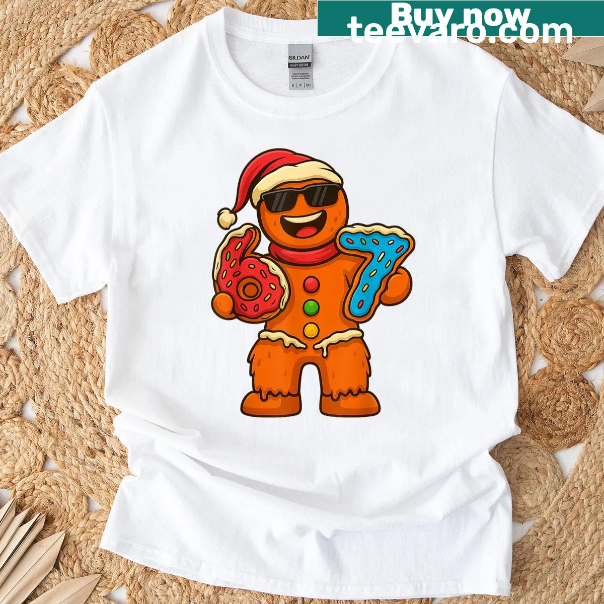 Funny Christmas T-shirt featuring a gingerbread design with ice cream drips — on a men's t-shirt