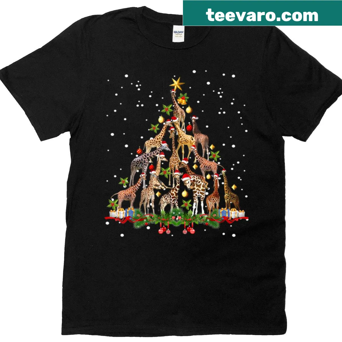 Fun giraffe ornament illustration t-shirt for Christmas — on a men's t-shirt