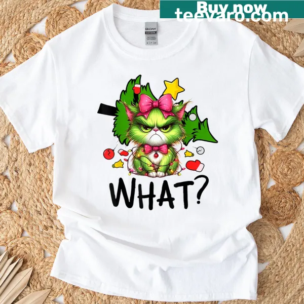 Humorous cat on Christmas tree graphic t-shirt for cat lovers