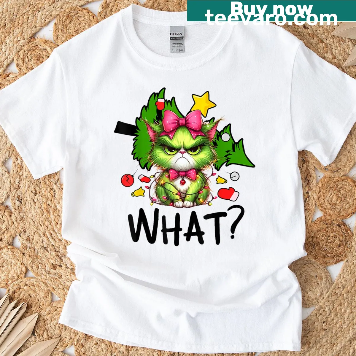 Humorous cat on Christmas tree graphic t-shirt for cat lovers — on a men's t-shirt