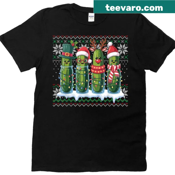 Vintage-style Christmas t-shirt with pickles in Santa hats and lights