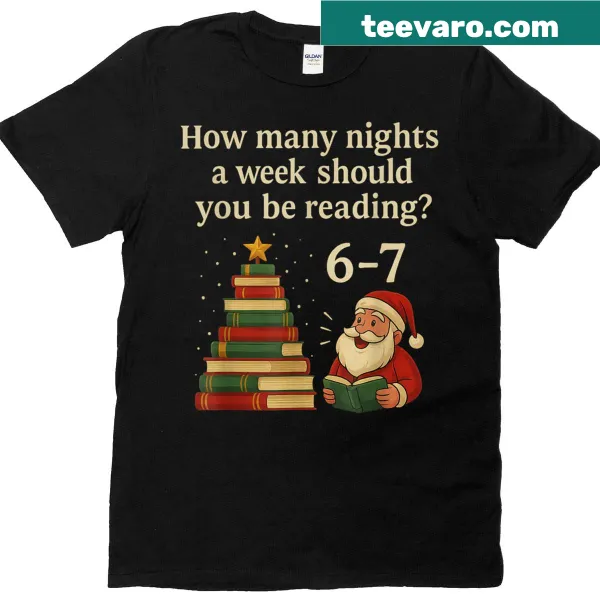 Humorous Christmas shirt featuring books and a Christmas tree