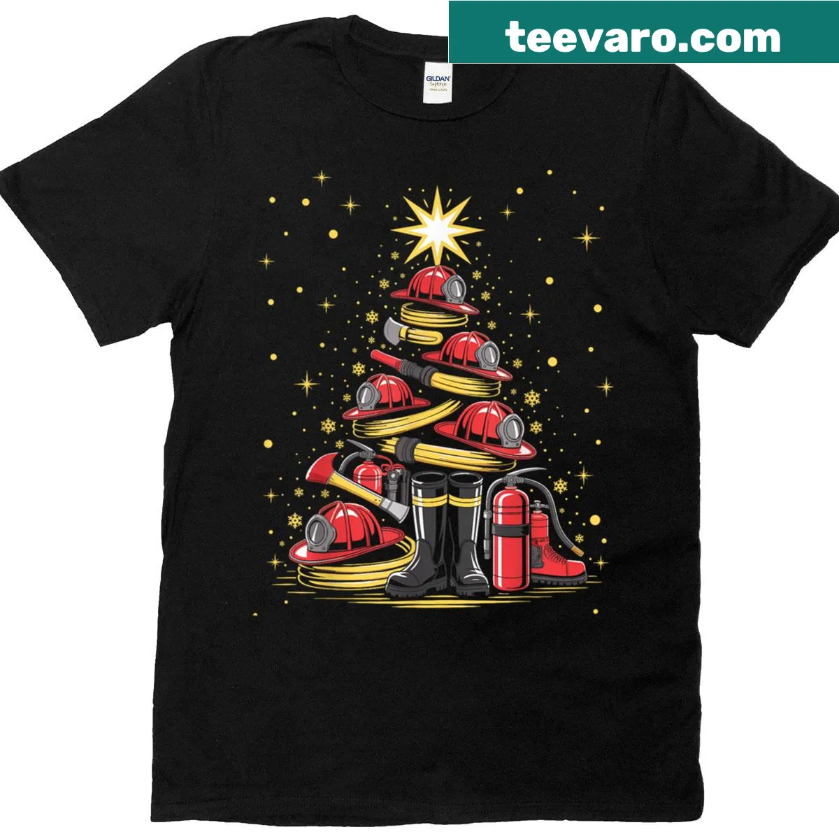 Funny Christmas t-shirt with firefighter ornaments and lights — on a men's t-shirt