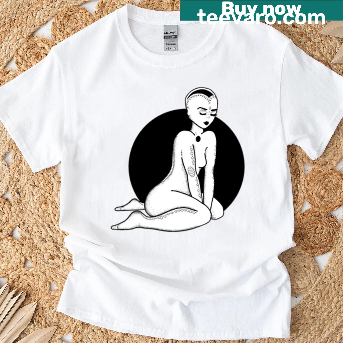 Illustrated T-shirt featuring a galactic alien woman design — on a men's t-shirt