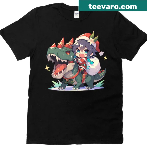 Anime style t-shirt featuring Venti and a dinosaur for Christmas