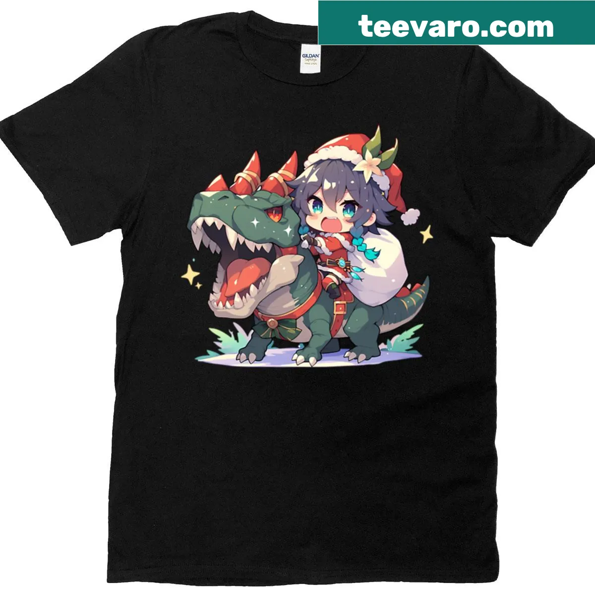 Anime style t-shirt featuring Venti and a dinosaur for Christmas — on a men's t-shirt