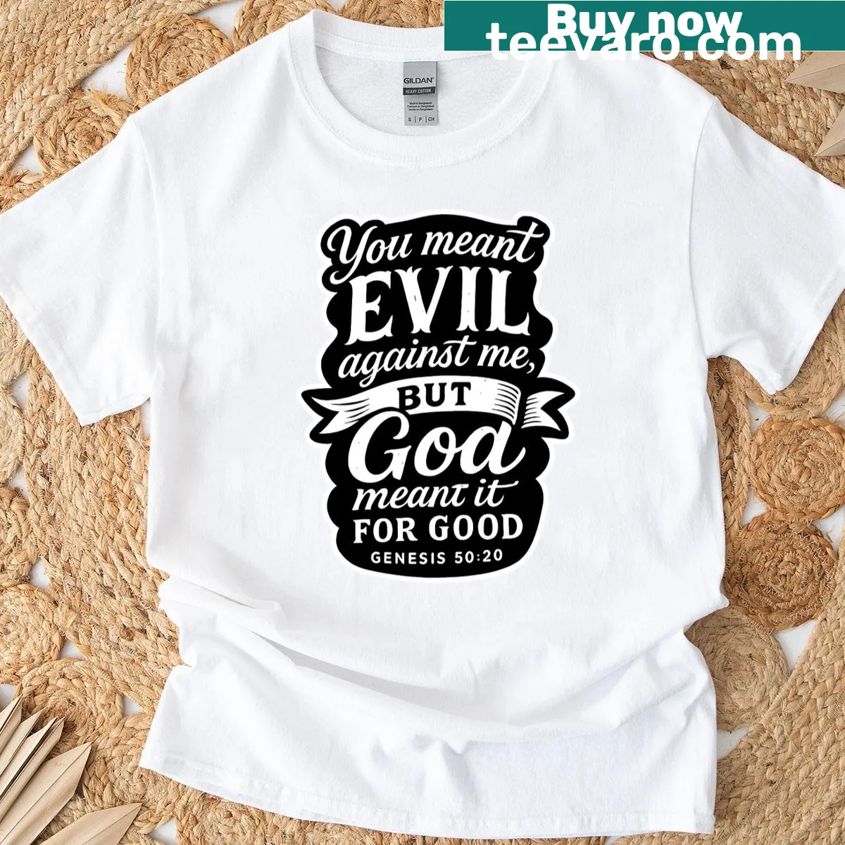 Inspirational Genesis 50:20 faith quote t-shirt — on a men's t-shirt