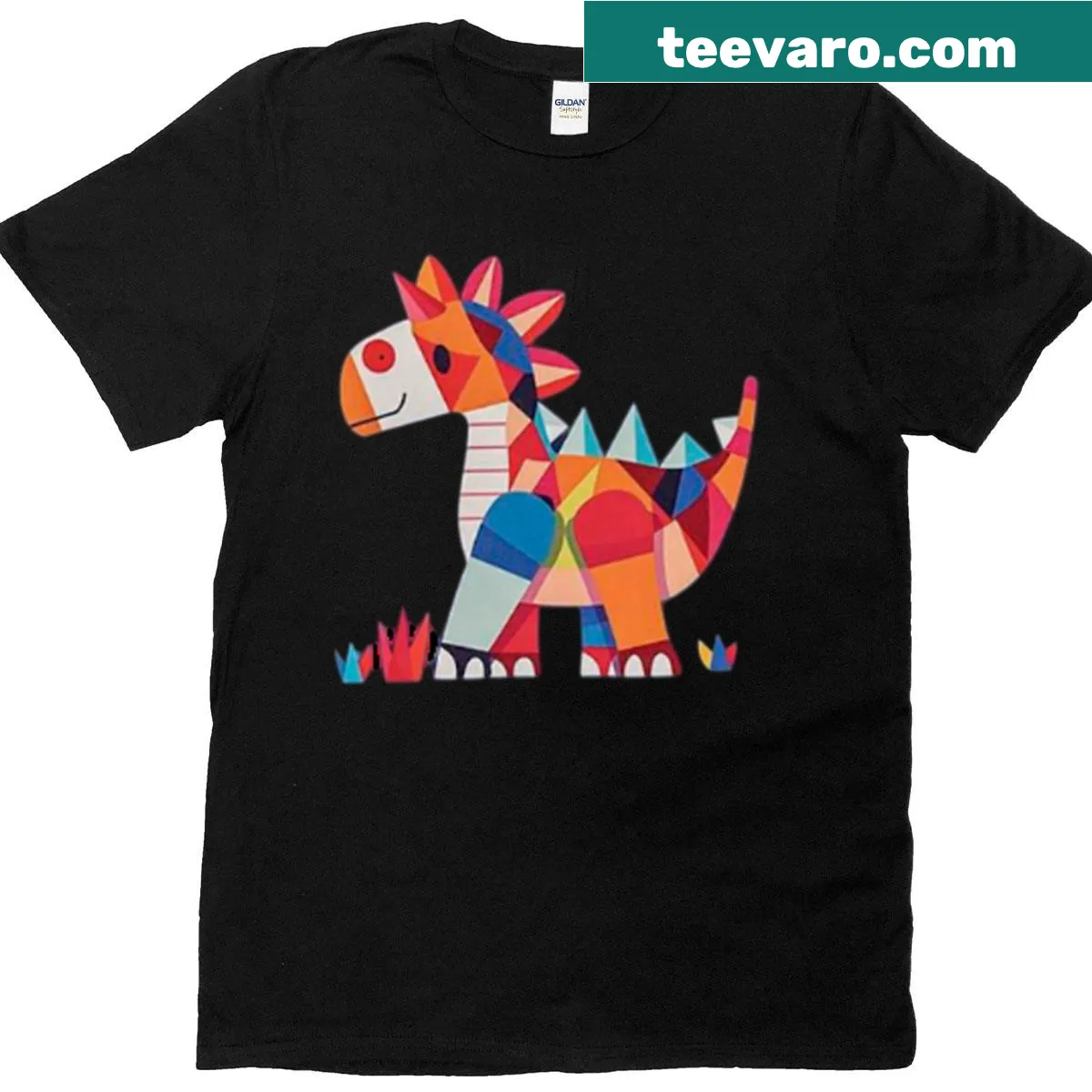 T-shirt with geometric dinosaur sticker graphic design — on a men's t-shirt