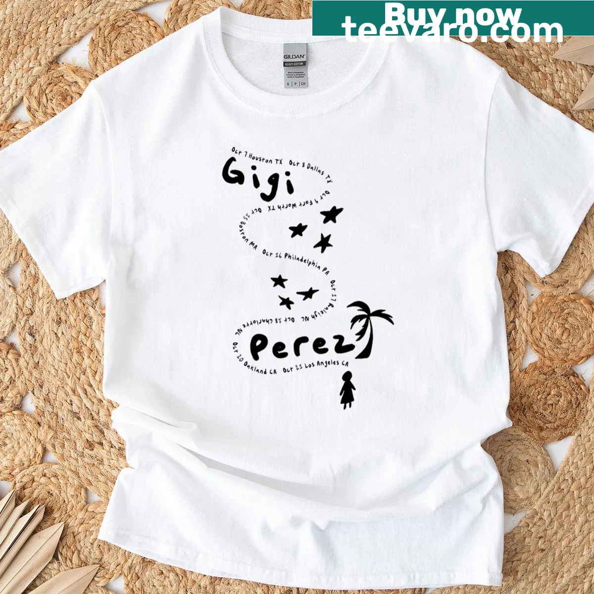 Gigi Perez branded t-shirt featuring bold typography — on a men's t-shirt