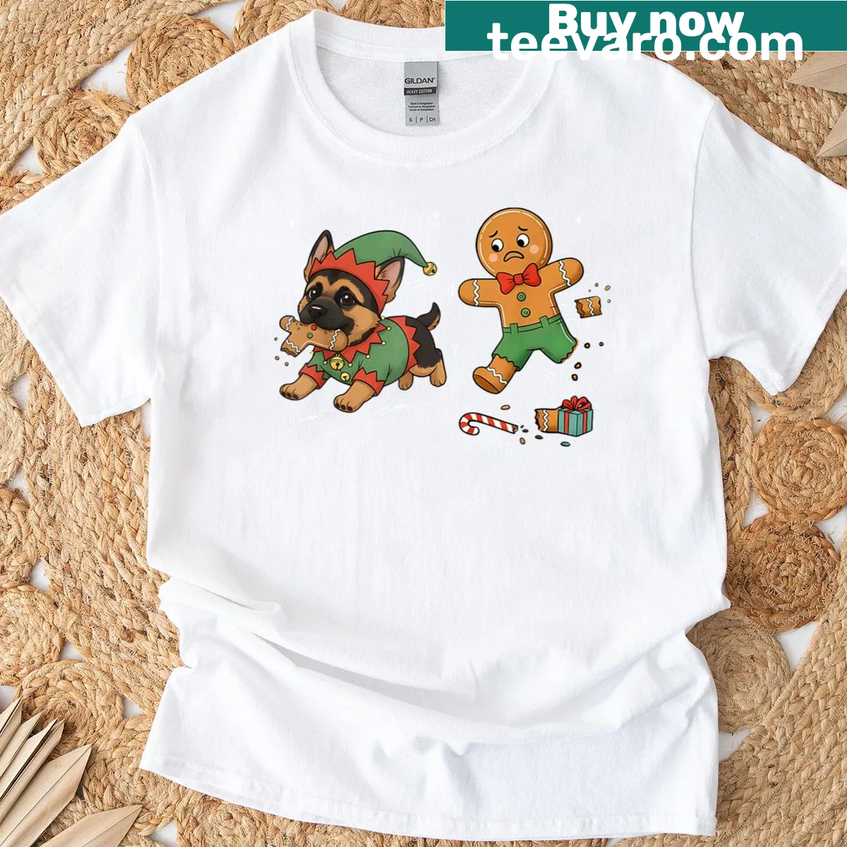 German Shepherd chasing gingerbread cookies illustration T-shirt — on a men's t-shirt
