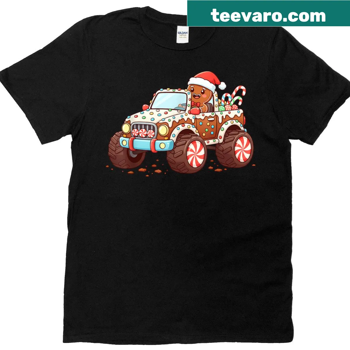 Cartoon gingerbread truck design with candy for Christmas baking — on a men's t-shirt