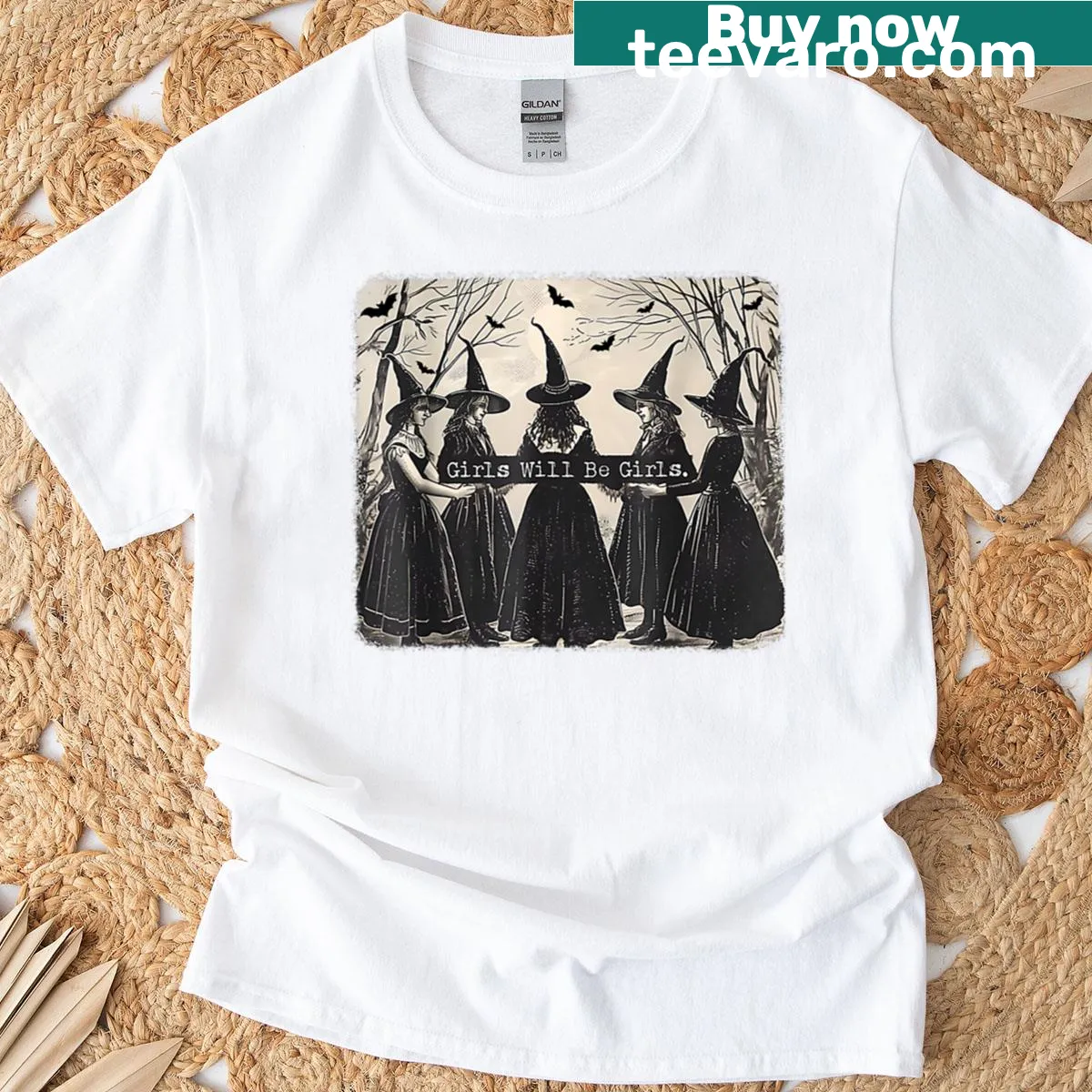 Typography shirt with 'Girl Will Be Girl' and witchy elements — on a men's t-shirt