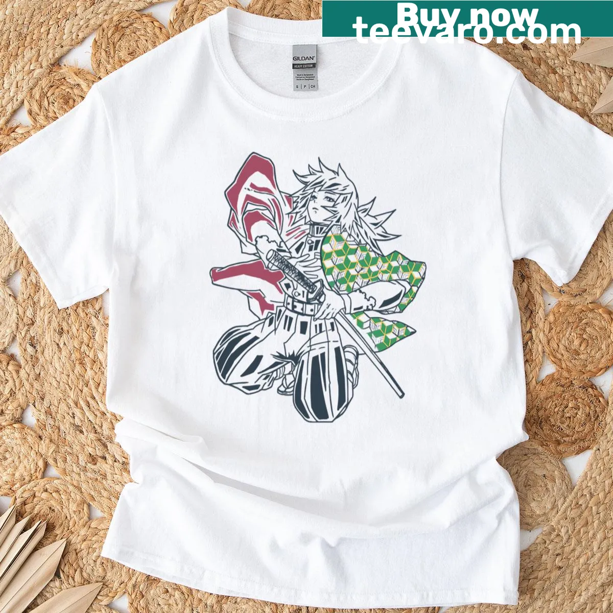 Giyu character from Demon Slayer illustrated on t-shirt — on a men's t-shirt
