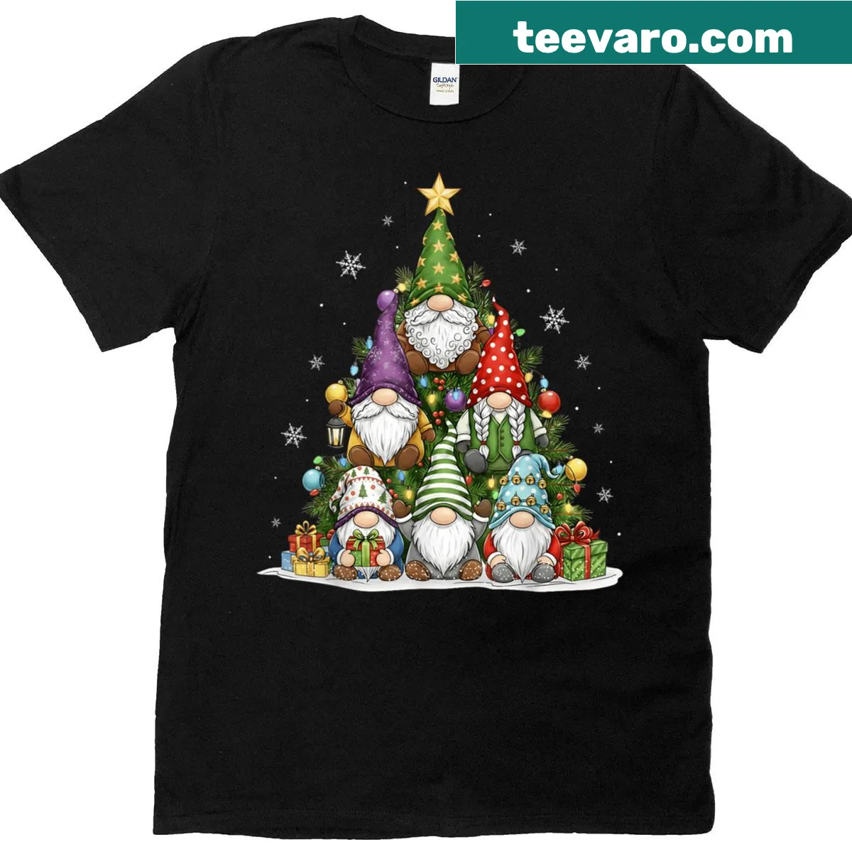 Funny T-shirt with gnomes and Christmas tree lights design — on a men's t-shirt