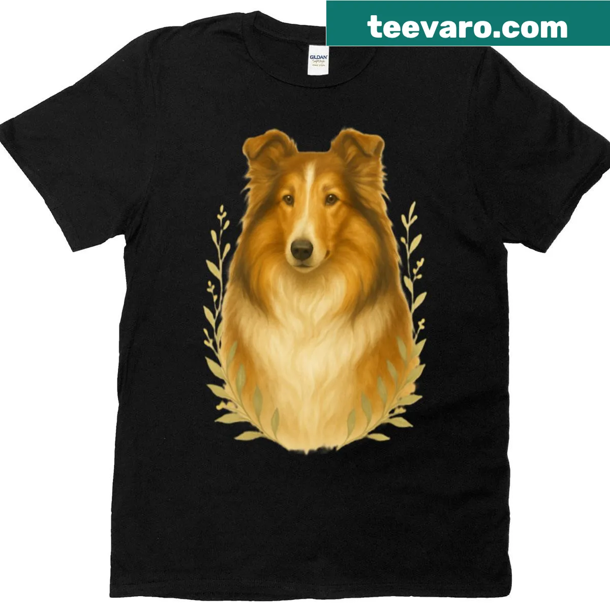 Artistic t-shirt featuring a graceful Golden Collie illustration. — on a men's t-shirt