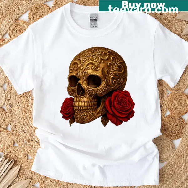 T-shirt featuring a golden skull with red roses