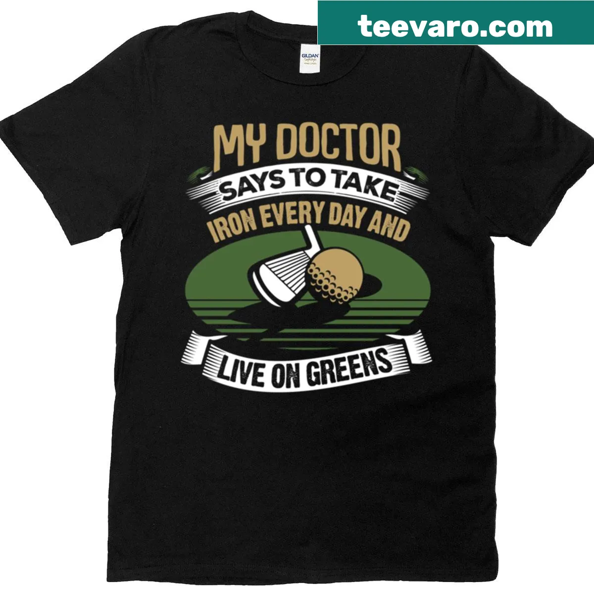 Humorous T-shirt with golf and health advice text — on a men's t-shirt