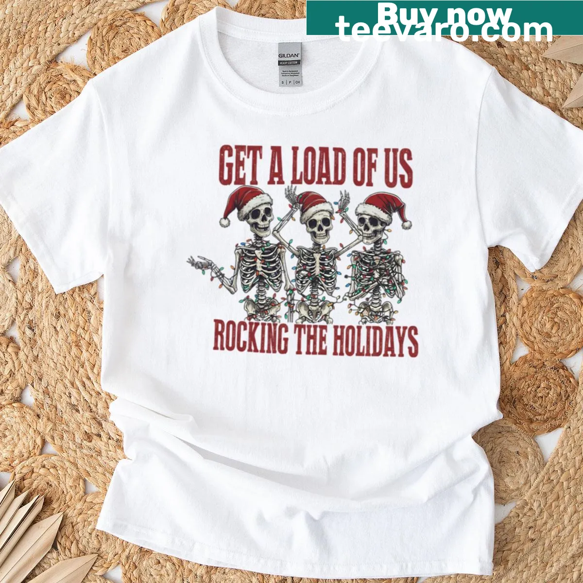 Gothic-themed T-shirt with a skeleton in Christmas attire — on a men's t-shirt