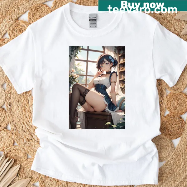 Anime girl in blue corset illustrated on a sunlit library t-shirt