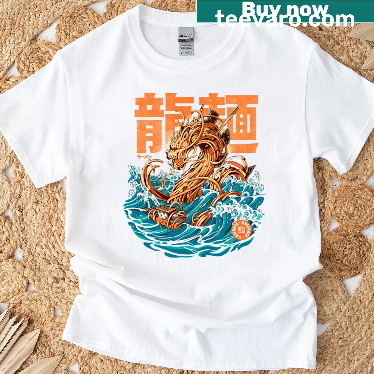 Illustration of a dragon with ramen noodles on a whimsical t-shirt — on a men's t-shirt