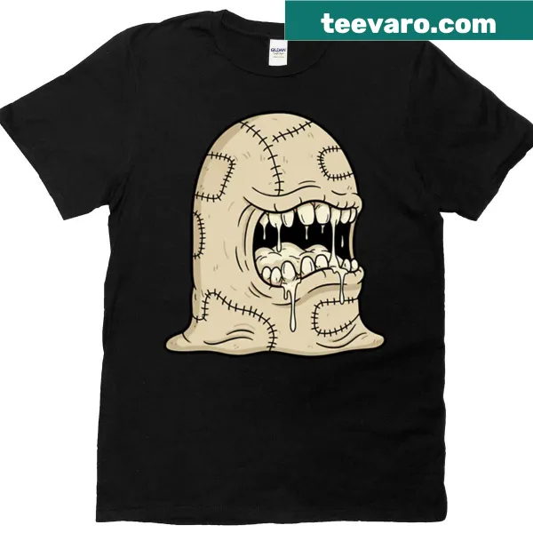 Grotesque monster illustration T-shirt with dual mouths and patches