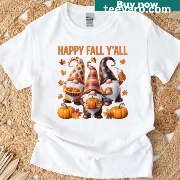 Autumn-themed T-shirt featuring a gnome surrounded by pumpkins and fall leaves