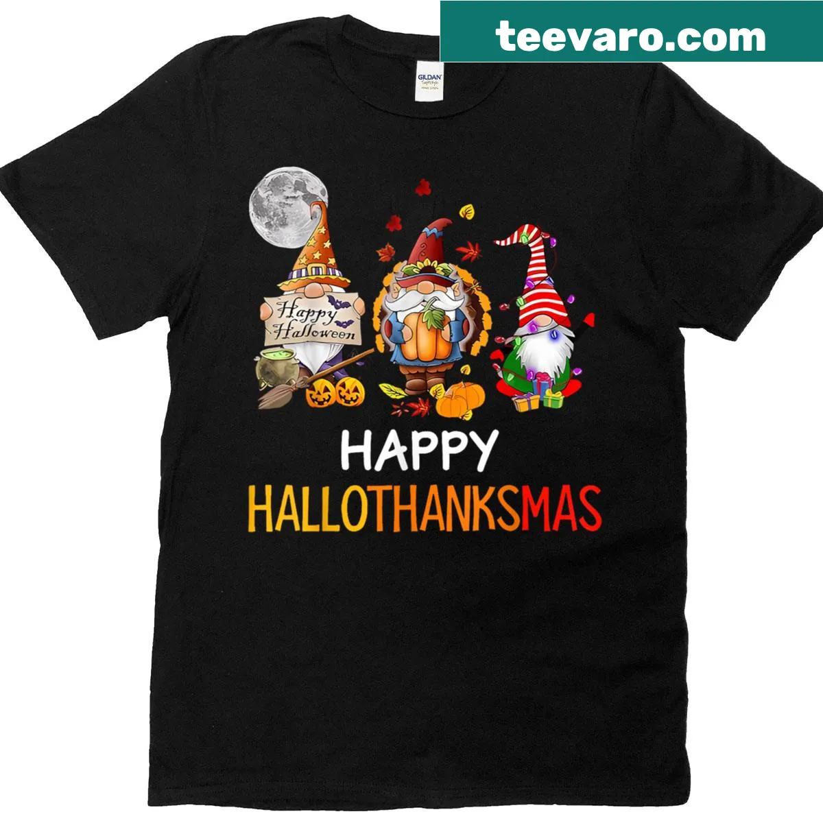 Hallothanksmas gnomes t-shirt for Halloween and Christmas — on a men's t-shirt