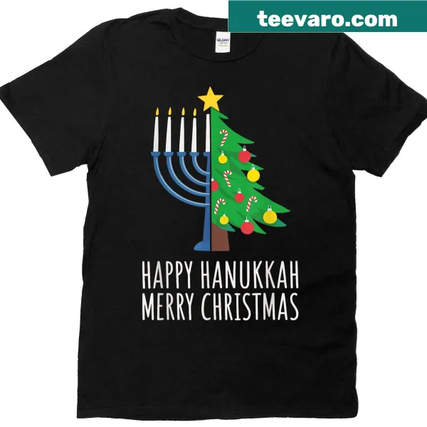T-shirt with 'Happy Hanukkah Merry Christmas' text and symbols