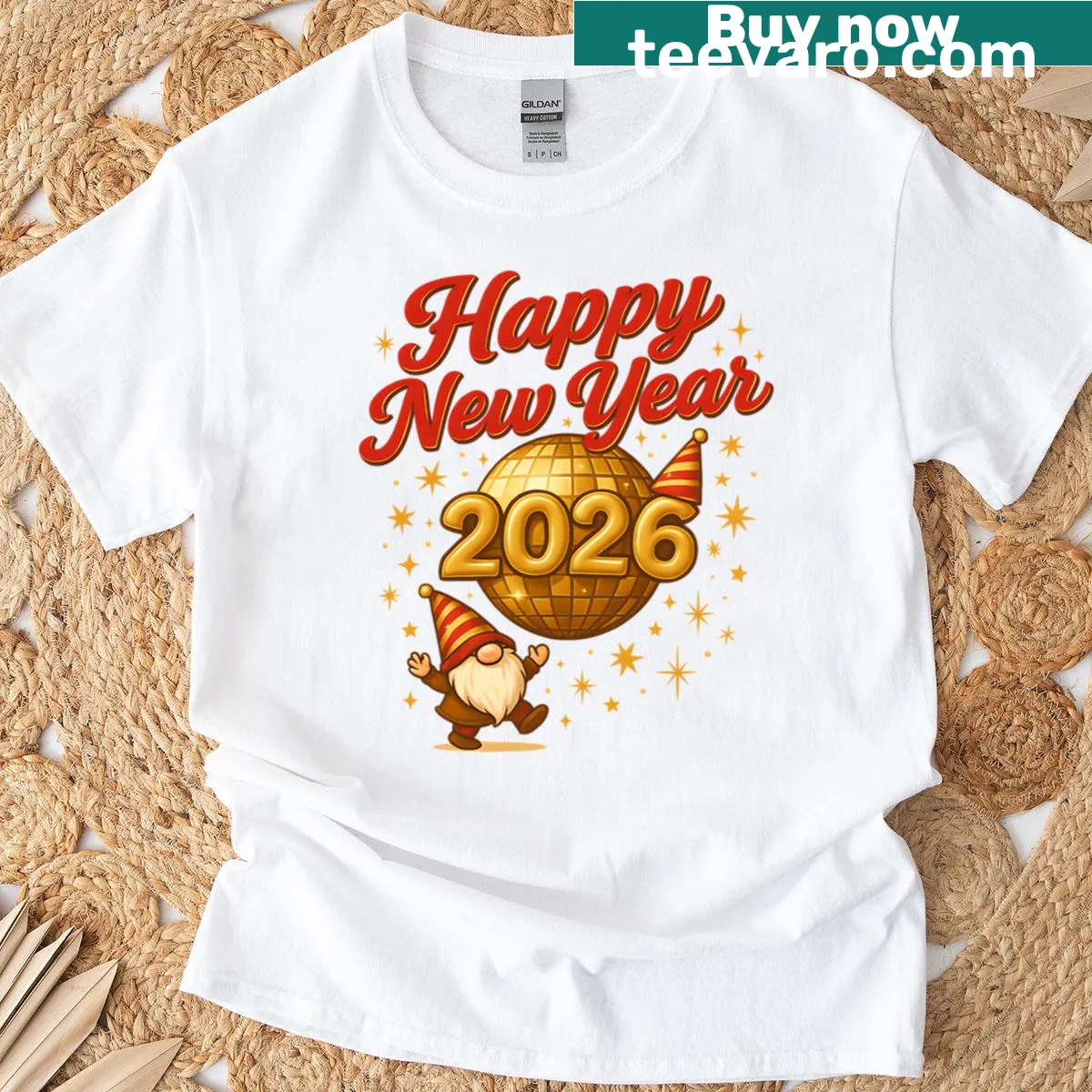 Whimsical T-shirt with gnomes and disco ball for New Year 2026 — on a men's t-shirt