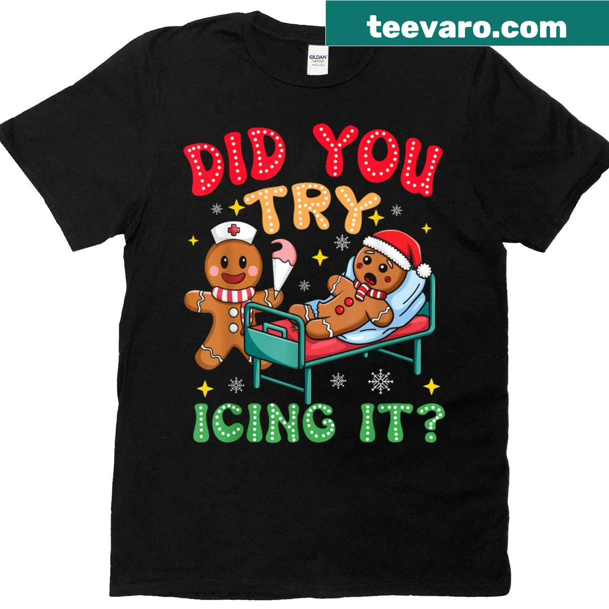 Funny Christmas nurse t-shirt with gingerbread graphic and humorous text — on a men's t-shirt