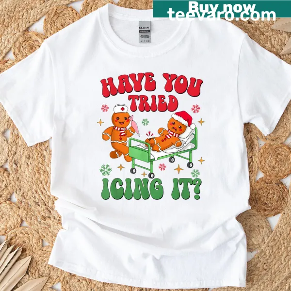 Funny T-shirt featuring a gingerbread nurse at Christmas