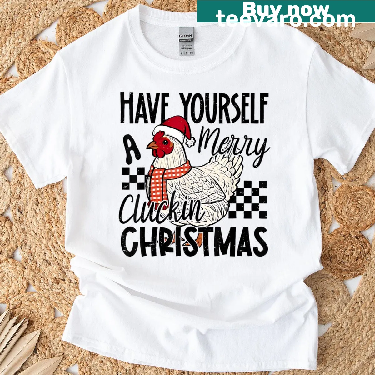 Cute chicken Christmas T-shirt with clucking design — on a men's t-shirt