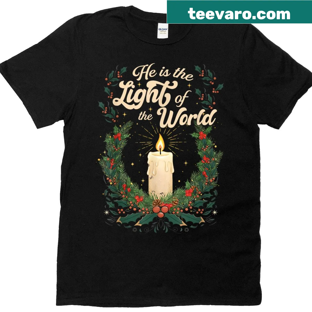 Candle and holly wreath graphic with 'He Is The Light Of The World' text — on a men's t-shirt