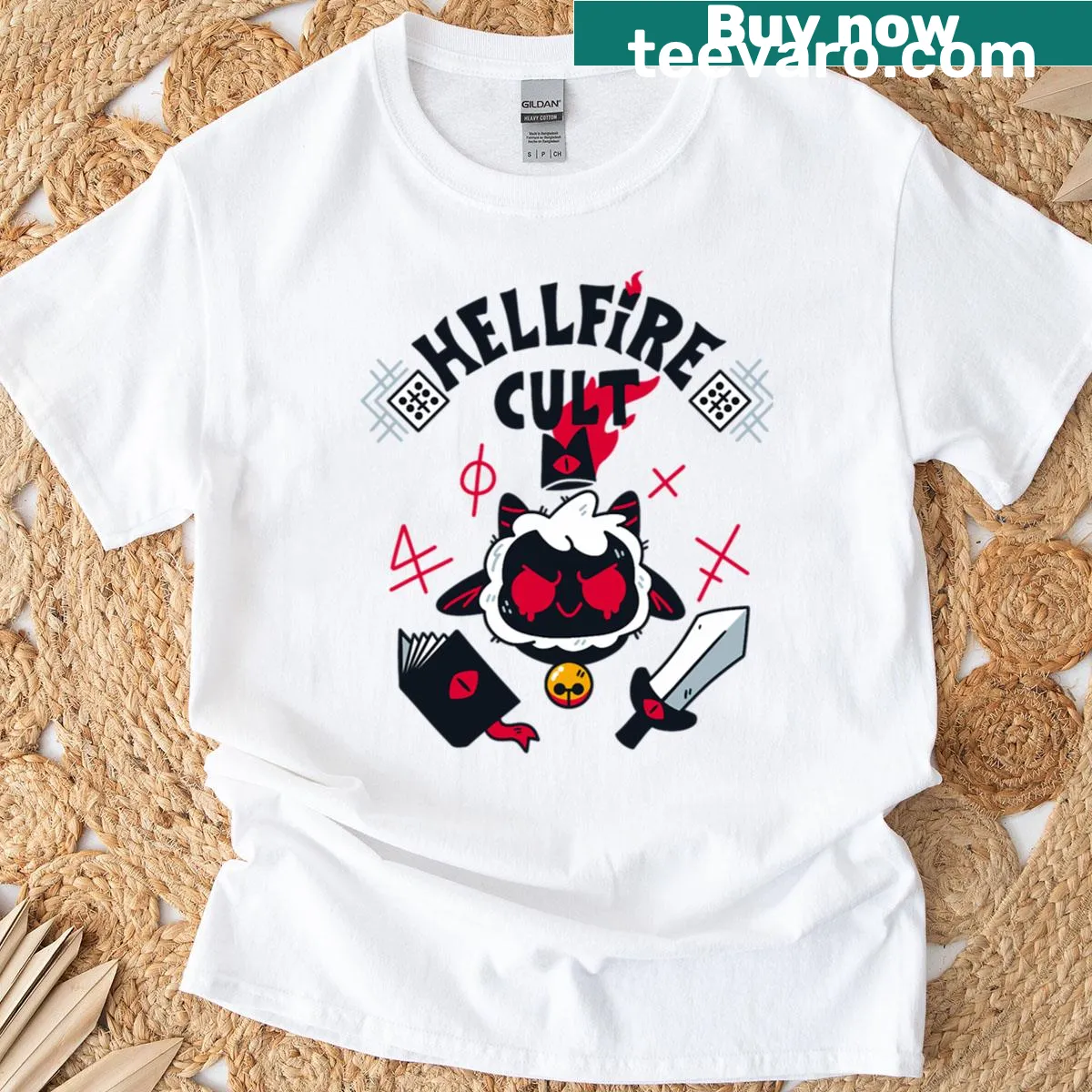 Vintage-style t-shirt with a Hellfire Cult graphic design — on a men's t-shirt
