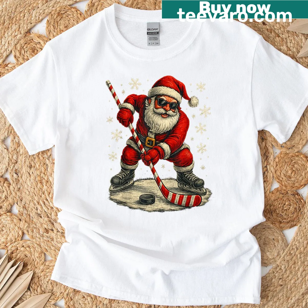 Cartoon Santa playing ice hockey on a festive T-shirt — on a men's t-shirt