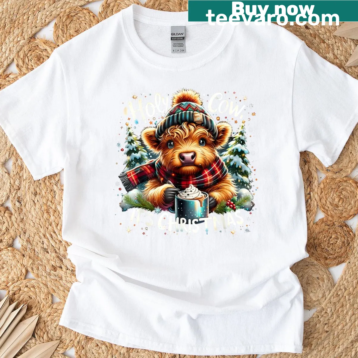Whimsical Highland cow in festive attire on T-shirt — on a men's t-shirt