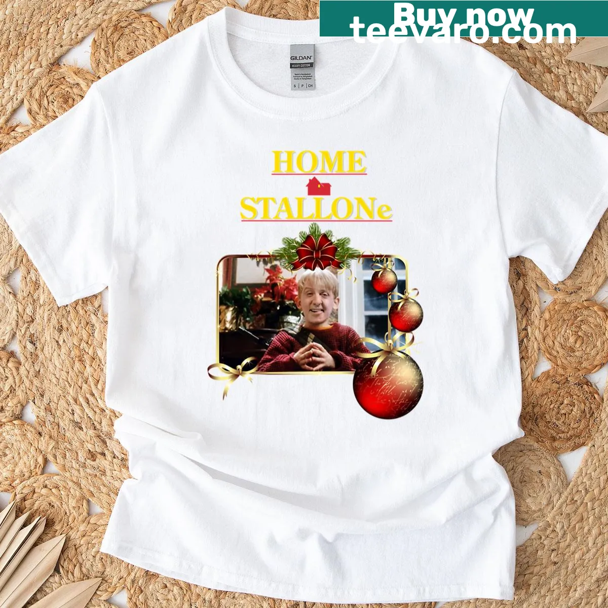 Playful t-shirt featuring the phrase 'Home Stallone' in fun typography — on a men's t-shirt