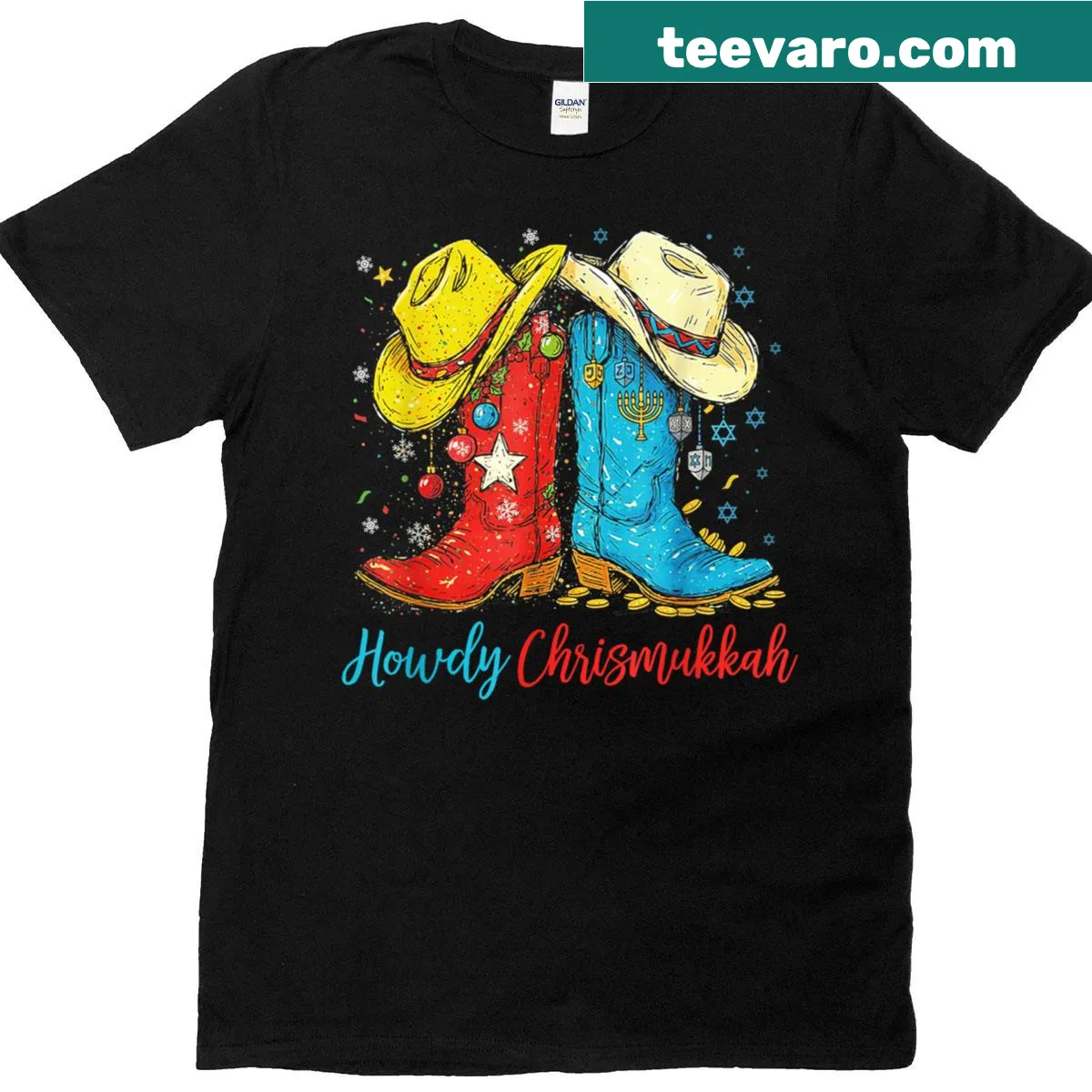 Western-themed Chrismukkah t-shirt with cowboy design — on a men's t-shirt