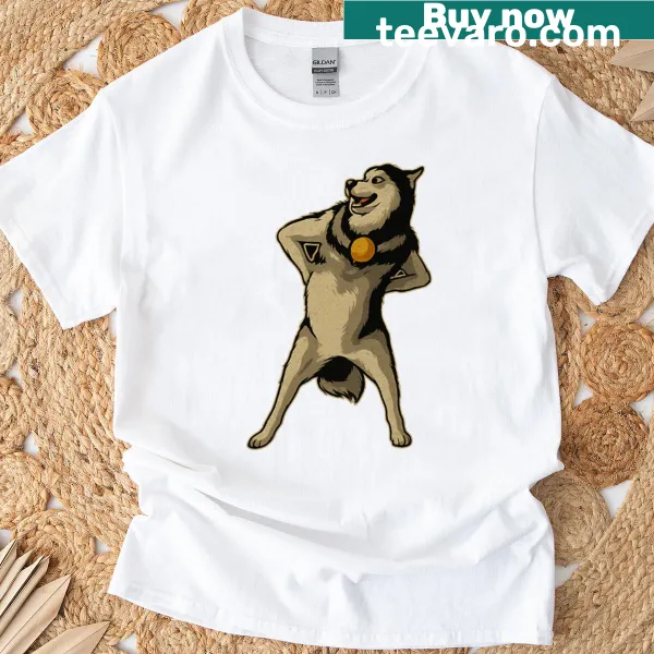Funny t-shirt featuring a cartoon Husky dancing in a viral meme style.