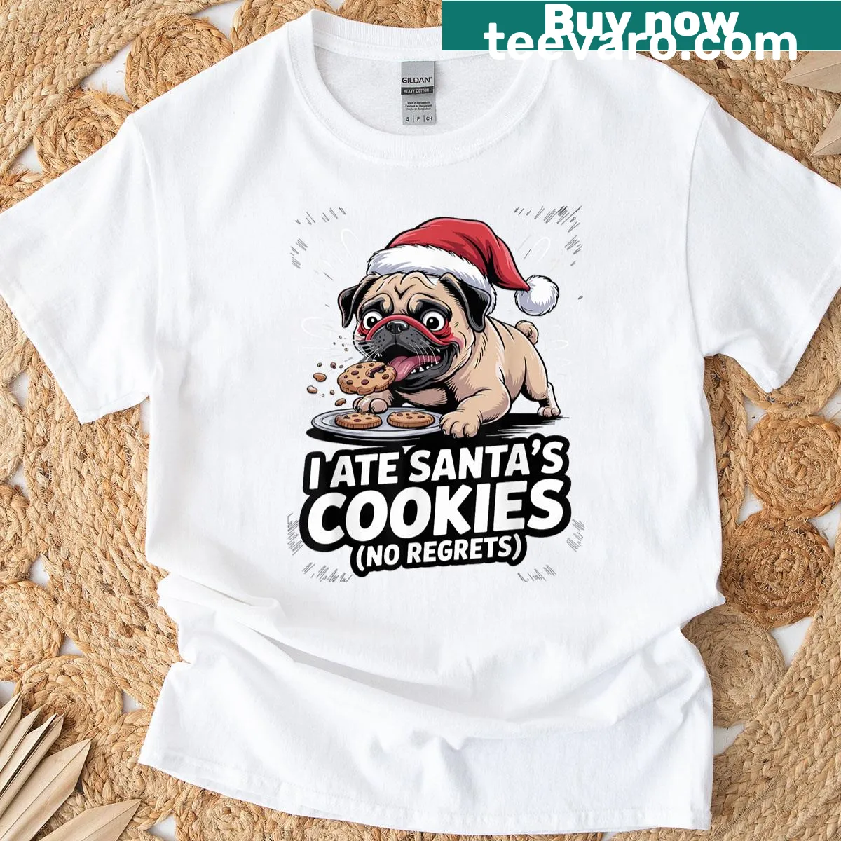 Funny Christmas t-shirt featuring a pug that ate Santas cookies — on a men's t-shirt