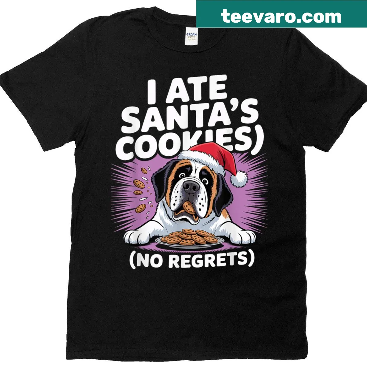 Funny St Bernard Christmas t-shirt with Santa's cookies theme — on a men's t-shirt
