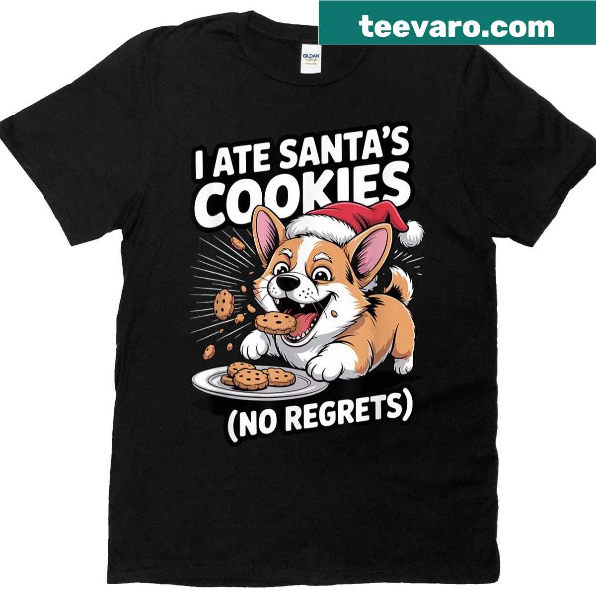 Funny Christmas t-shirt featuring a Welsh Corgi and phrase I Ate Santas Cookies — on a men's t-shirt
